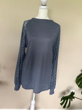 Crochet-Sleeve Waffle Knit Blouse - Slate Blue, Size XXL
